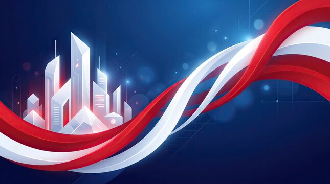 Modern Abstract City Skyline with Red and White Waves
