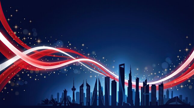 Vibrant City Skyline Silhouette with Red White Ribbon Lights
