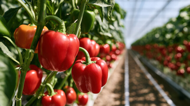 Ripe red bell peppers growing on green plants in rows inside a modern commercial greenhouse