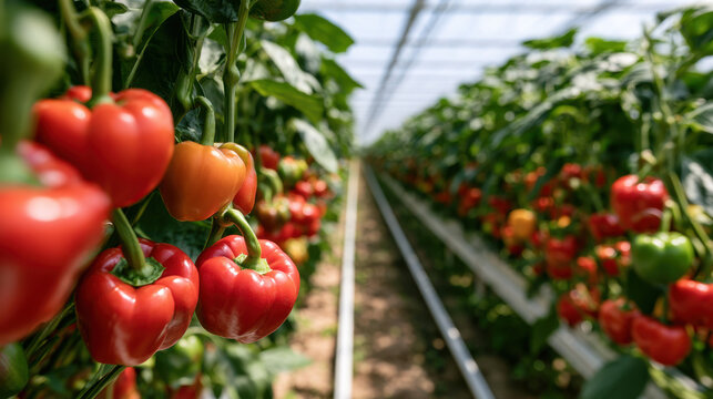 Colorful red orange and green bell peppers growing on plants in rows inside a commercial greenhouse