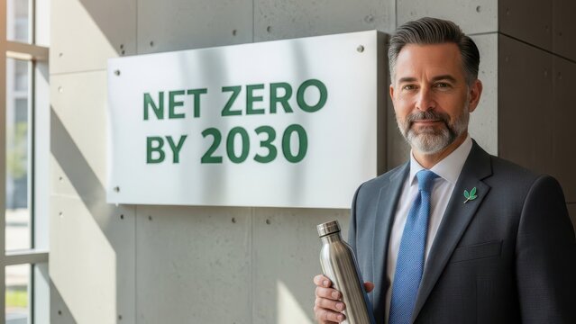 Net Zero by 2030 corporate sustainability initiative, mature businessman holding reusable bottle, green energy leader