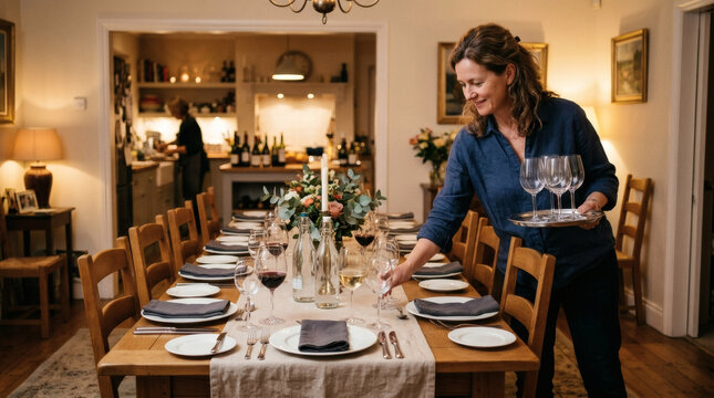 A woman elegantly sets a long dining table for a formal dinner party, placing wine glasses and arranging napkins with meticulous care for an upcoming event.