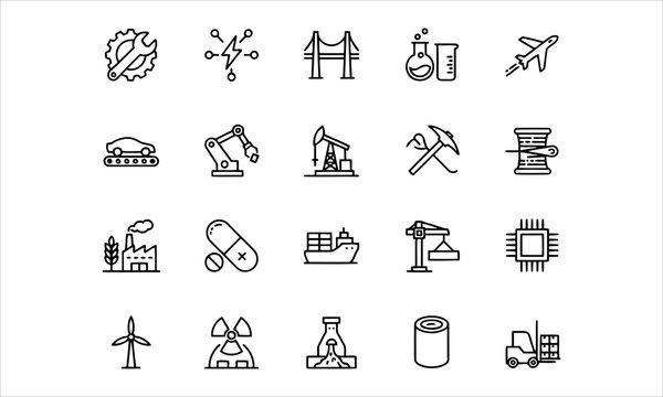 Set of 20 line icons. Collection of 20 types of types of Industries. Different kinds of Engineering, Vector illustration