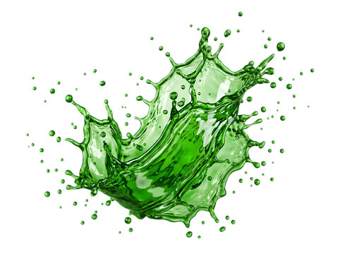 Vibrant green liquid splash dynamic motion wave isolated on plain surface
