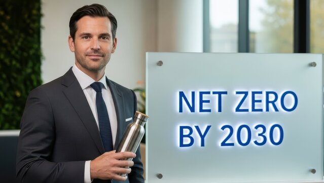 Net zero by 2030 corporate sustainability goal, professional businessman holding reusable bottle, green office initiative