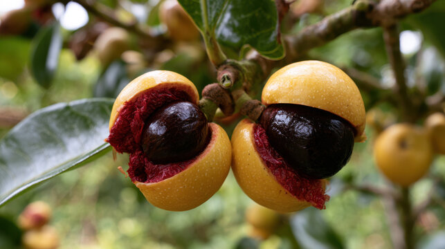 Ripe yellow nutmeg fruits naturally split open on a tropical tree revealing glossy dark brown seeds surrounded by vivid red mace