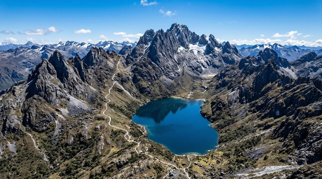 Aerial View of Blue Glacial Lake Surrounded by Rugged Mountain Peaks and Hiking Trail