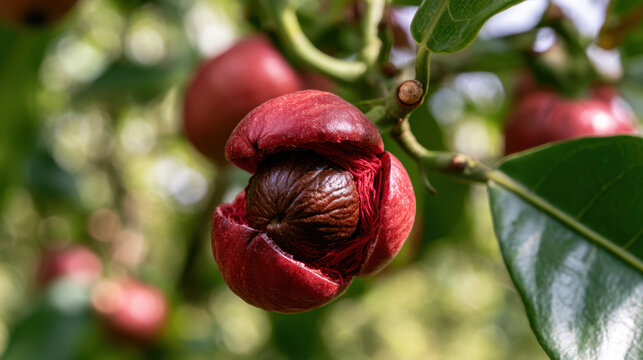 Ripe nutmeg fruit naturally split open on the tree revealing a dark brown nutmeg seed wrapped in vivid red mace