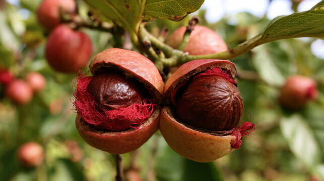 Ripe nutmeg fruits split open on a tree revealing glossy brown nutmeg seeds surrounded by vivid red mace in a tropical orchard