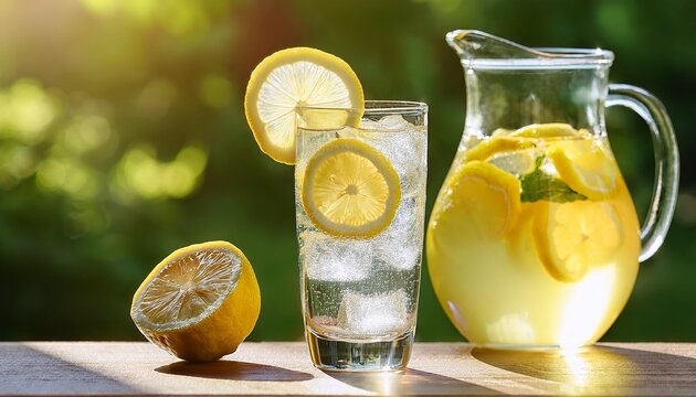 a refreshing glass of lemon infused sparkling water with ice accompanied by a halved lemon and a jug on a sunlit table with a blurred natural background