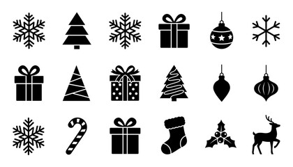 Fototapeta premium Minimalist Black Silhouette Christmas Icon Set with Snowflakes, Pine Trees, Gift Boxes, Baubles, and Reindeer Symbols for Winter Holiday Graphic Designs