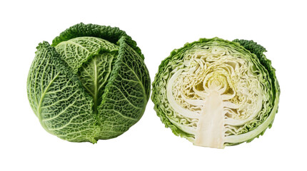 Obraz premium Fresh Green Savoy Cabbage Whole and Cross Section Cut Half