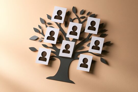 Abstract tree with paper silhouettes of people on branches, representing lineage
