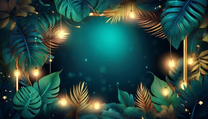 Fototapeta premium tropical floral frame with lush leaves and fairy lights