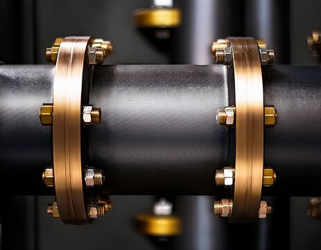 robust industrial pipeline connection with dark textured metal flanges and prominent golden bolts showcasing detailed mechanical engineering