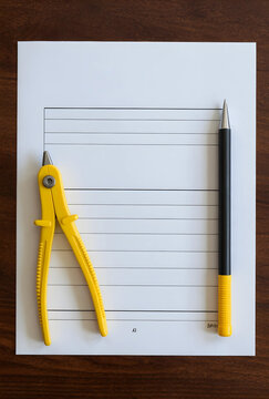 Music education and composition tools, yellow music staff liner and pen on blank sheet music paper, creative process