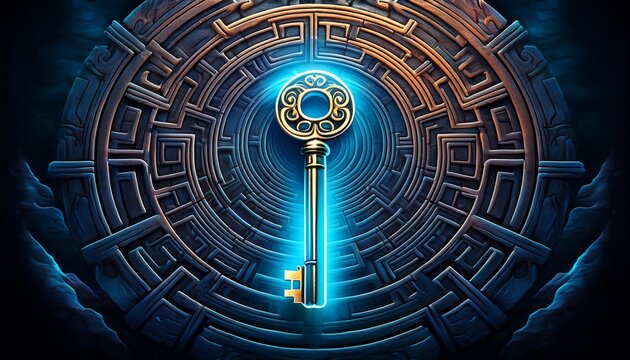 glowing key in a dark stone maze mystery background game design