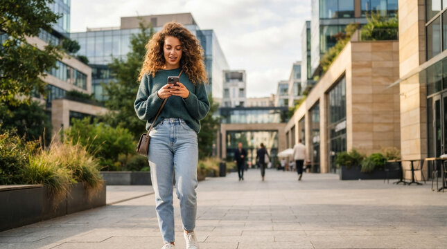 Young woman with curly hair walking in city center while using her smartphone device.