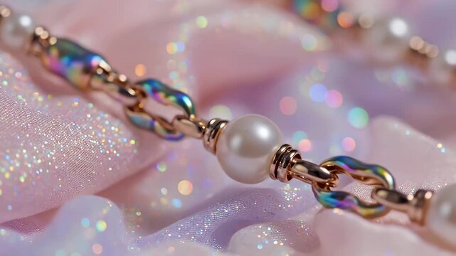 Close-Up View of Iridescent Beaded Chain Jewelry Resting on Sparkling Pink Fabric