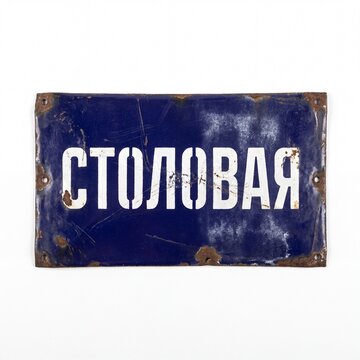 Distressed antique blue enamel sign with white Cyrillic text '&ETH;&iexcl;&ETH;&cent;&ETH;ž&ETH;&rsaquo;&ETH;ž&ETH;&rsquo;&ETH;&ETH;&macr;' (Canteen/Dining Room). Rusty edges, scratches, and aged texture on white background. Historic Soviet era relic.