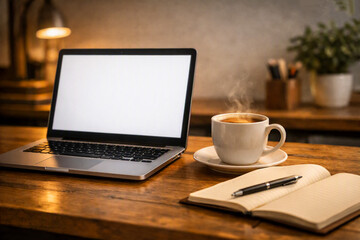 Fototapeta premium Laptop with blank screen and coffee cup on a wooden desk for remote work or study
