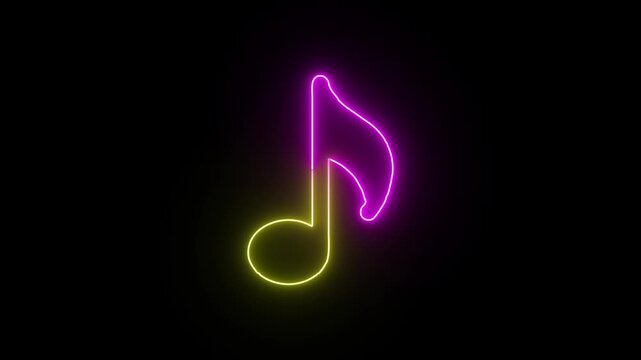 Neon music note symbol glows on black background dynamic animation for entertainment and performance concept.