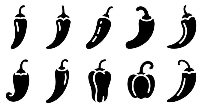 Collection of black chili and bell pepper vector icons for various design and food related applications.