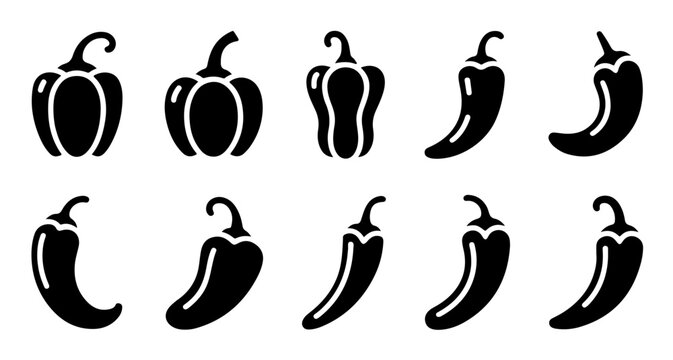 Set of black chili peppers and bell peppers vector icons for food and cooking design projects.