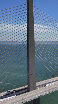 Sunshine Skyway Bridge In Saint Petersburg Florida United States. Powerful Landscape Of The Vehicles In A Famous Road . Bay Water Landscape. Landmark Beach. Saint Petersburg Florida.