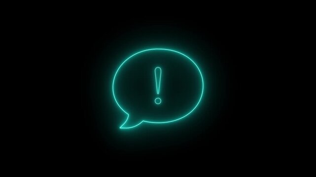 Cyan neon exclamation mark icon inside speech bubble glowing on black background for digital alert notification motion.