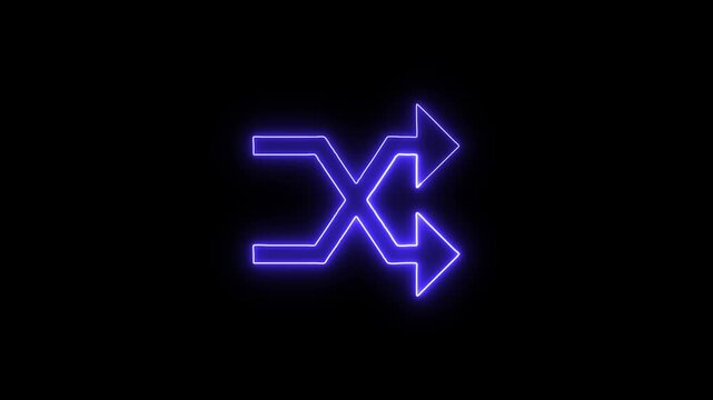 Neon blue shuffle icon glowing on black background representing random music playback or playlist randomization interface.