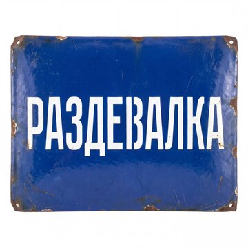 Old, distressed blue enamel sign with white Cyrillic text '&ETH;&nbsp;&ETH;&ETH;&mdash;&ETH;&rdquo;&ETH;&bull;&ETH;&rsquo;&ETH;&ETH;&rsaquo;&ETH;&scaron;&ETH;' (Changing Room), featuring rust and chips. Isolated on white.