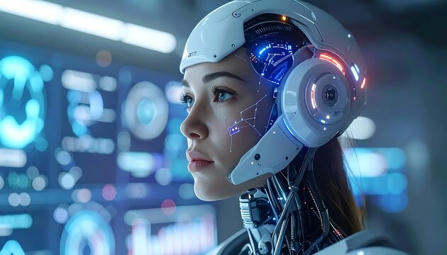 Cyberpunk style futuristic female android portrait.