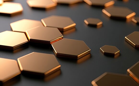 Geometric gold hexagons scattered on a dark, textured surface