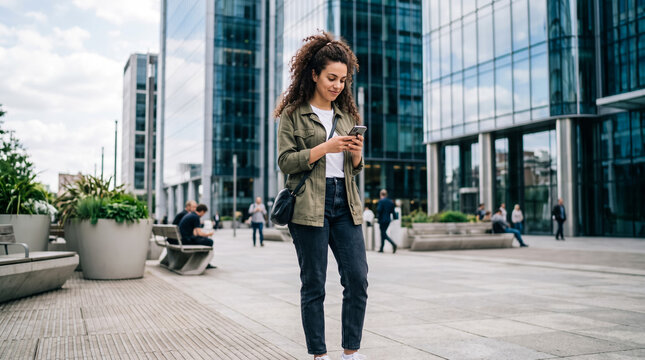 Young woman using smartphone in modern city business district outdoors