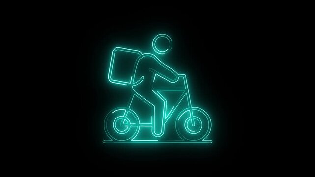 Delivery courier on bicycle with thermal backpack neon icon glowing on black background for logistics food transport app.