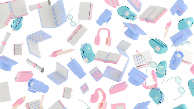 Several objects related to learning and school, such as a backpack, pen, laptop, and so on, are randomly arranged on a white background, 3d render