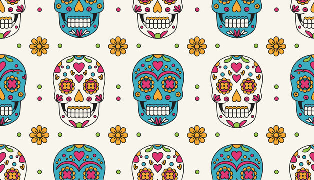 Day of the Dead festive seamless pattern featuring colorful sugar skulls decorated with hearts, flowers, and ornaments.