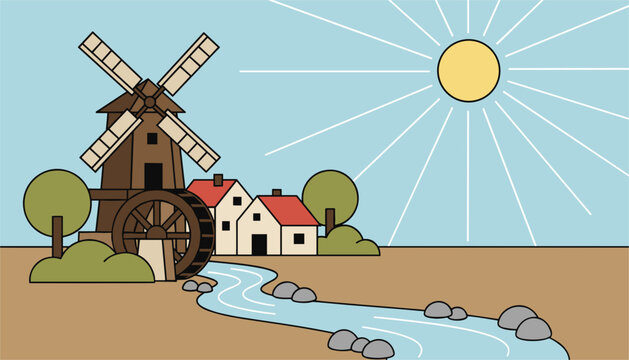 Traditional wooden water mill house by a streaming river with houses and a big rising sun vector illustration.