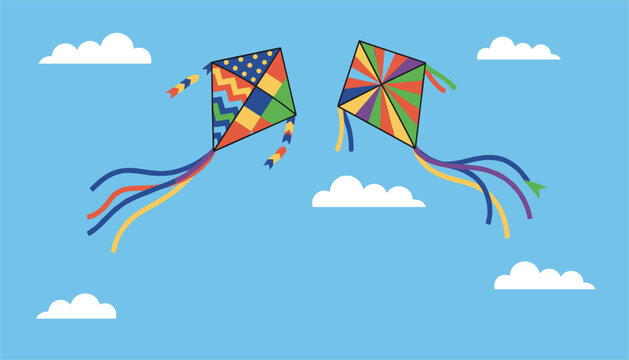 Two colorful decorated kites flying high in the blue sky among white fluffy clouds vector illustration design.