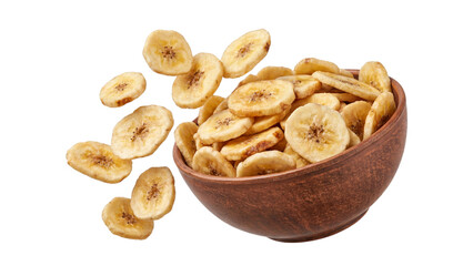 Fototapeta premium banana chips in wooden bowl isolated PNG, dried fruit snack on transparent background