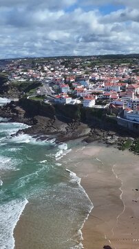 Macas Beach In Sintra District Of Lisbon Portugal. City Skyline Showing Modern And Traditional Architecture. Landmark Coast. Tropical Skyline. Sintra District of Lisbon.