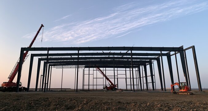 Large steel building under construction, cranes and excavator on site