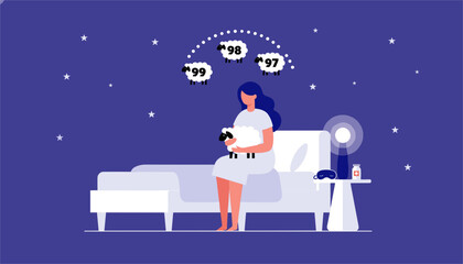 Naklejka premium Exhausted woman with insomnia sits on her bed in a starry night counting cartoon sheep to help her fall asleep.