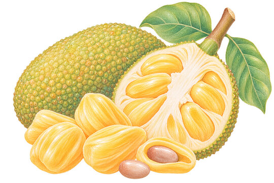 Fresh ripe jackfruit pencil colored no background seamless 