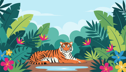 Obraz premium Majestic orange tiger lies peacefully near a small blue pond in a lush tropical jungle filled with colorful flowers.