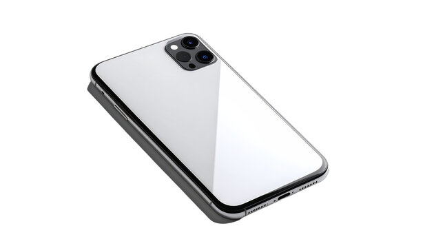A sleek, white smartphone with a triple-lens camera array is presented at an angle on a dark surface. isolated on white background