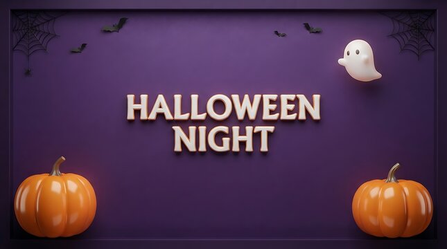 Halloween night background with pumpkins and a cute ghost on a dark purple textured backdrop