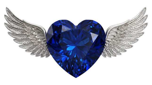 Sapphire heart with silver wings emblem design isolated on transparent background