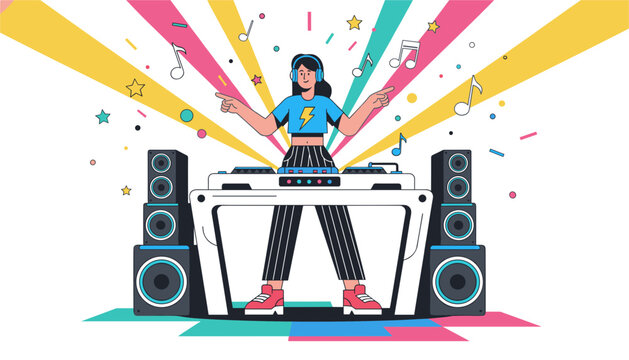 Energetic female DJ playing music with professional turntables and large speakers in a club with colorful light beams.